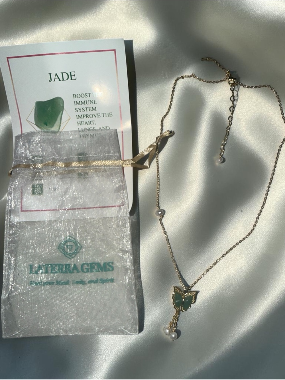 Laterra Gems Gold Butterfly Jade Pendant Necklace - Green